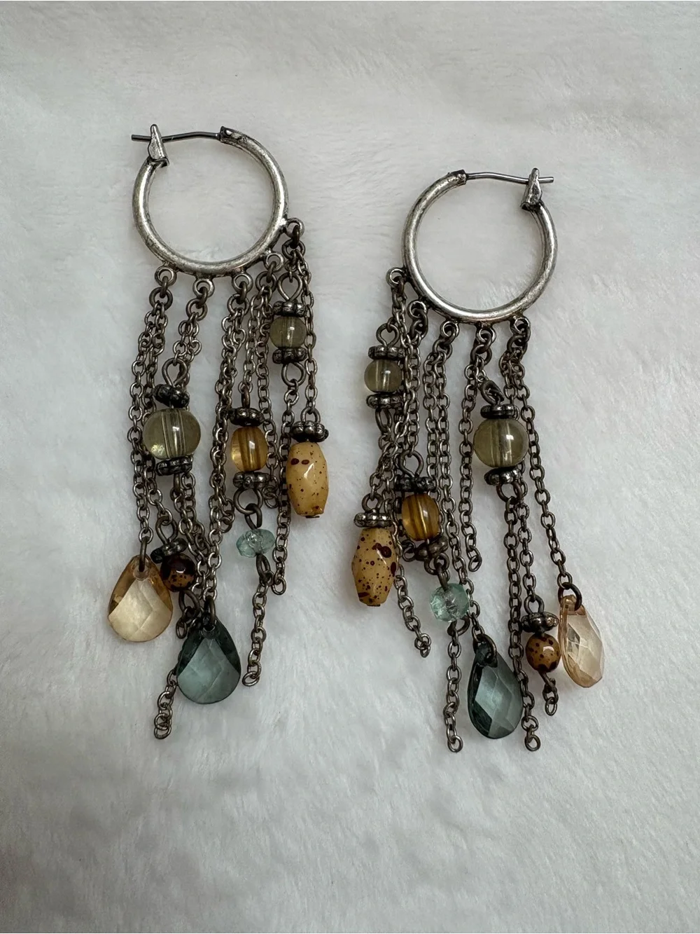 Boho Multi-Bead Dangle Hoop Earrings in Blue and yellow